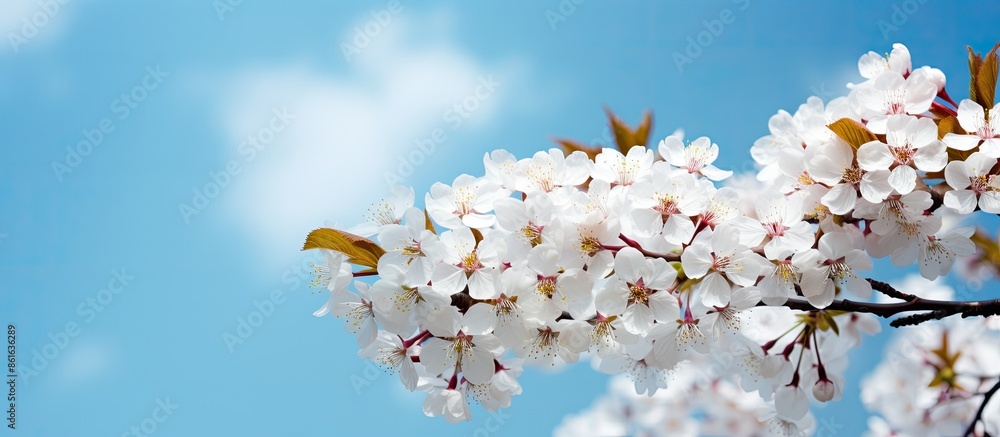 Flowering cherry plum tree with white flowers against a blue sky, providing a background featuring copy space image. Flowering cherry plum tree with white flowers against a blue sky, providing a background featuring copy space image.