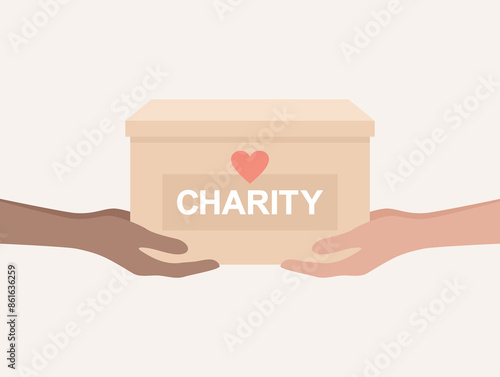 One pair of hands handing over a box of charity aid to another. Flat vector illustration