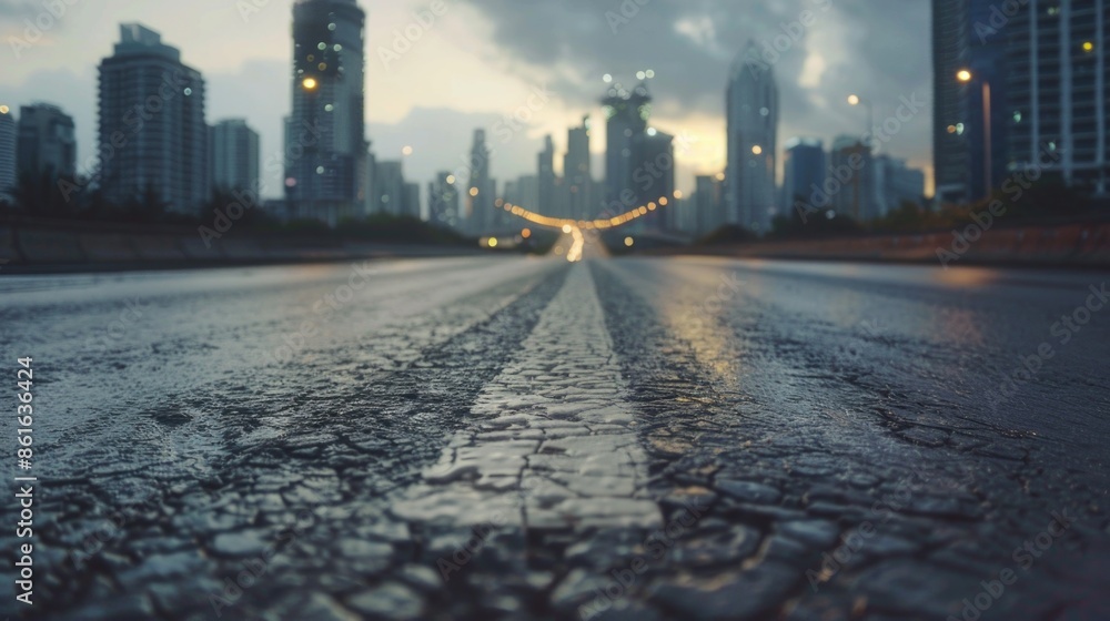 Urban scene with a wet road and city skyline in the background, perfect for use in advertising or editorial content Urban scene with a wet road and city skyline in the background, perfect for use in advertising or editorial content