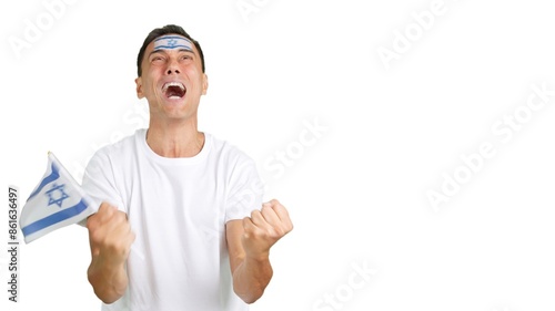 Foto Man cheering for Israel screaming and waving a national flag