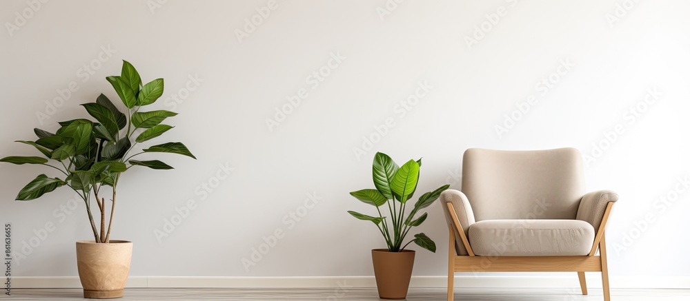 A live green plant sits on a cabinet near a wooden armchair in a well-furnished flat interior, with a lamp creating a cozy ambiance, captured in a real photo that includes blank space for text or A live green plant sits on a cabinet near a wooden armchair in a well-furnished flat interior, with a lamp creating a cozy ambiance, captured in a real photo that includes blank space for text or