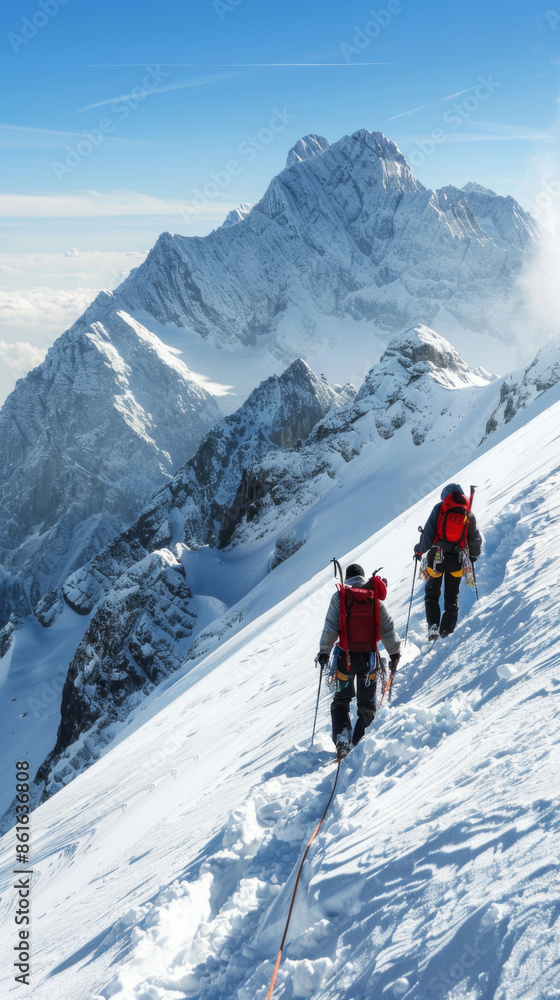 Two motivated people are climbing a mountain with a red backpack Two motivated people are climbing a mountain with a red backpack
