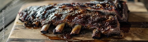 Deliciously grilled marinated BBQ ribs on a wooden cutting board, perfect for a hearty meal with traditional flavors. photo