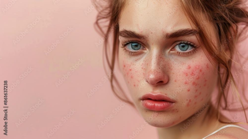 A close-up portrait of a young woman with acne on her face. She has red, inflamed blemishes, particularly on her cheeks. Generative AI A close-up portrait of a young woman with acne on her face. She has red, inflamed blemishes, particularly on her cheeks. Generative AI