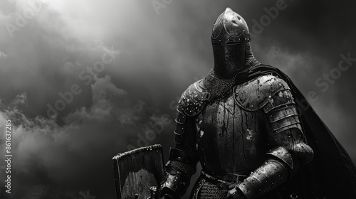 A solitary figure clad in armor bathed in shifting shadows is a symbol of the enduring spirit that lies within every warrior. Black and white art photo