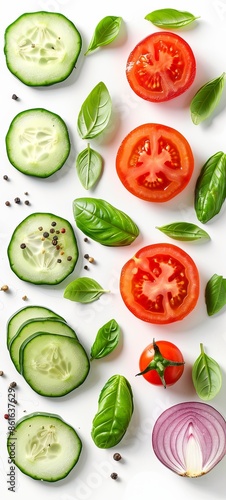 Creative layout made from tomato slice, onion, cucumber, basil leaves. Flat lay, top view. Nutrition concept. Vegetables isolated on a white background.