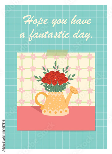 Whimsical Floral Greeting Card with a Vintage Watering Can Filled with Red Roses: Cheerful Illustration for Sending Positive Messages and Wishing a Fantastic Day