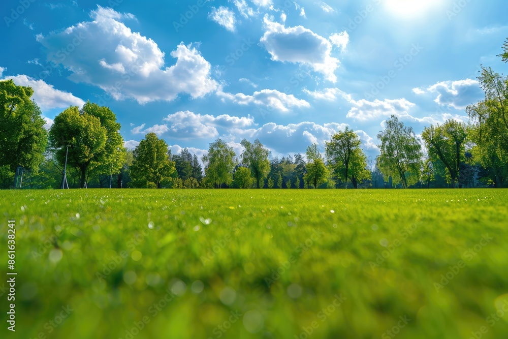 Fototapeta premium A picture of a grassy field with trees in the background
