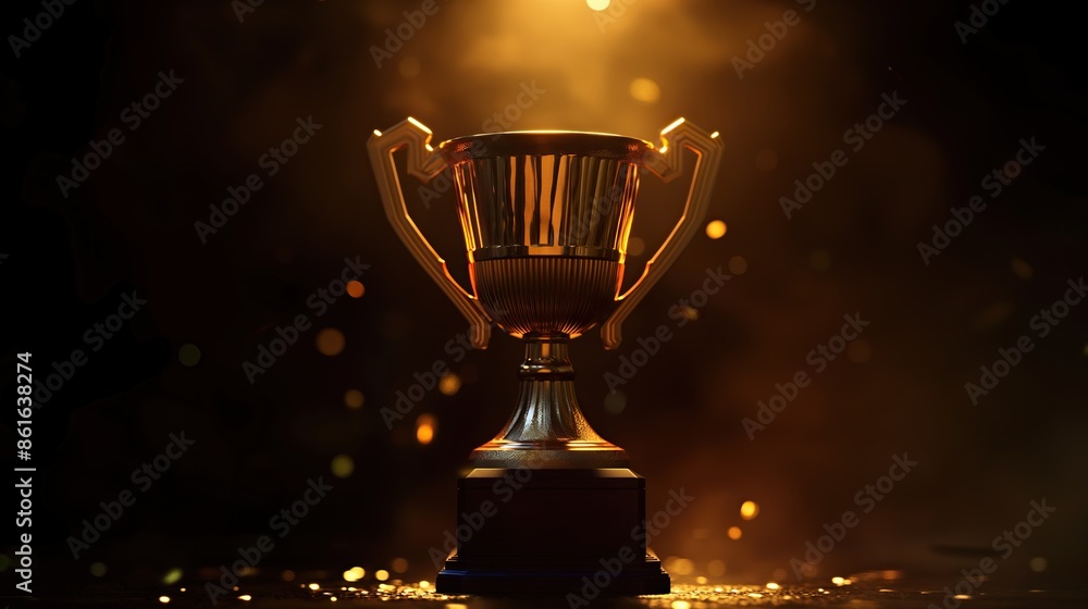 golden award cup with golden rays in smoke, on black background golden award cup with golden rays in smoke, on black background