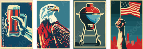 Set of American 4th July celebration posters. With iconic American icons. Patriotic USA background