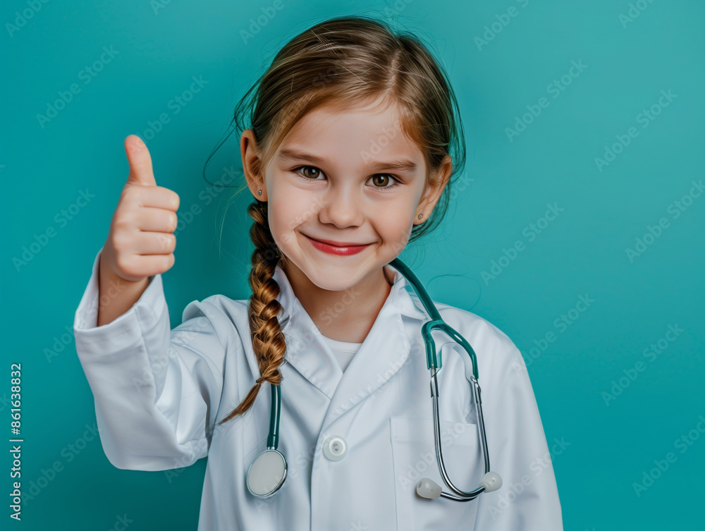 Portrait photo of a young doctor girl raise thumb-up smiling at camera. Portrait photo of a young doctor girl raise thumb-up smiling at camera.