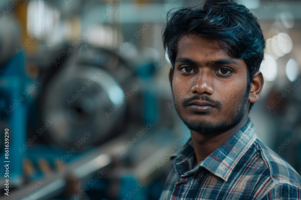 Portrait of a young male assembly line worker in factory Portrait of a young male assembly line worker in factory