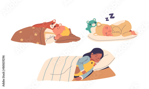 Adorable Children Sleeping Soundly In Beds, Each Accompanied By A Favorite Stuffed Animal. Children Appear Comfortable