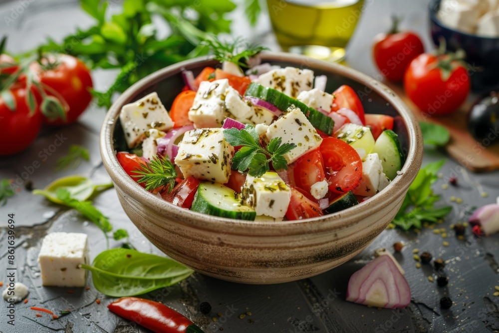 Greek salad with tofu feta in bowl on table Greek salad with tofu feta in bowl on table