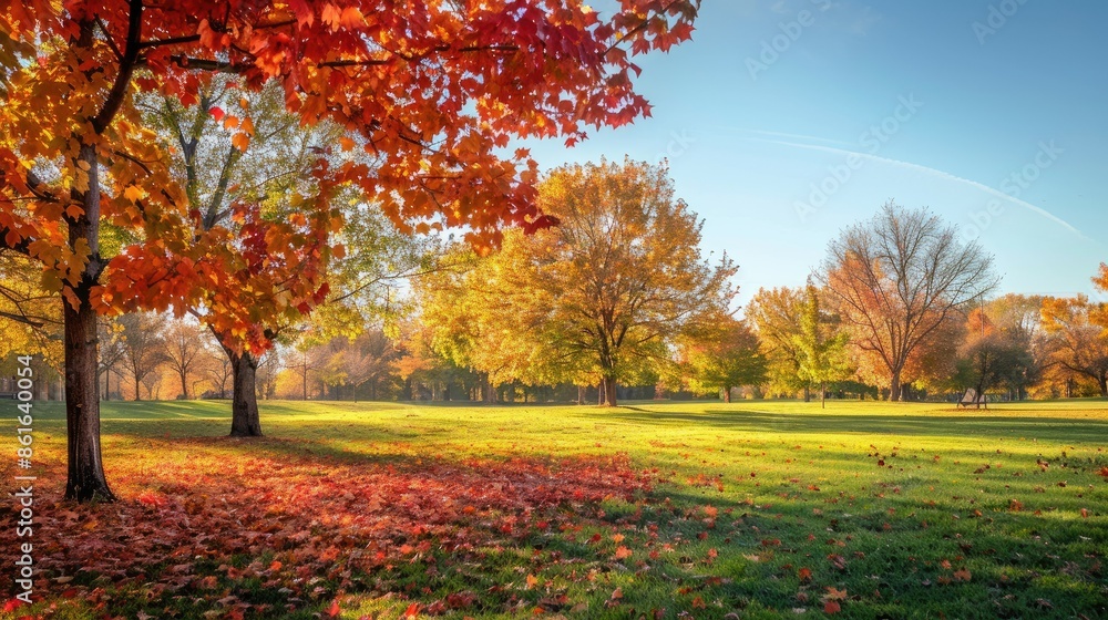 Golden and crimson foliage blankets the tranquil autumn park under a clear sky. AI generated Golden and crimson foliage blankets the tranquil autumn park under a clear sky. AI generated