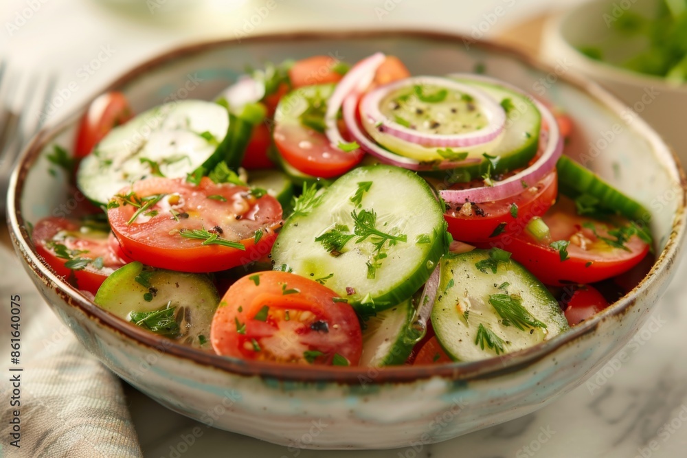 Cucumber tomato and onion salad with apple cider in bowl on table Cucumber tomato and onion salad with apple cider in bowl on table