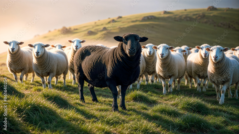 Obraz premium Black sheep stands out in a flock of white sheep on grassy hill, depicting familiar idiom.