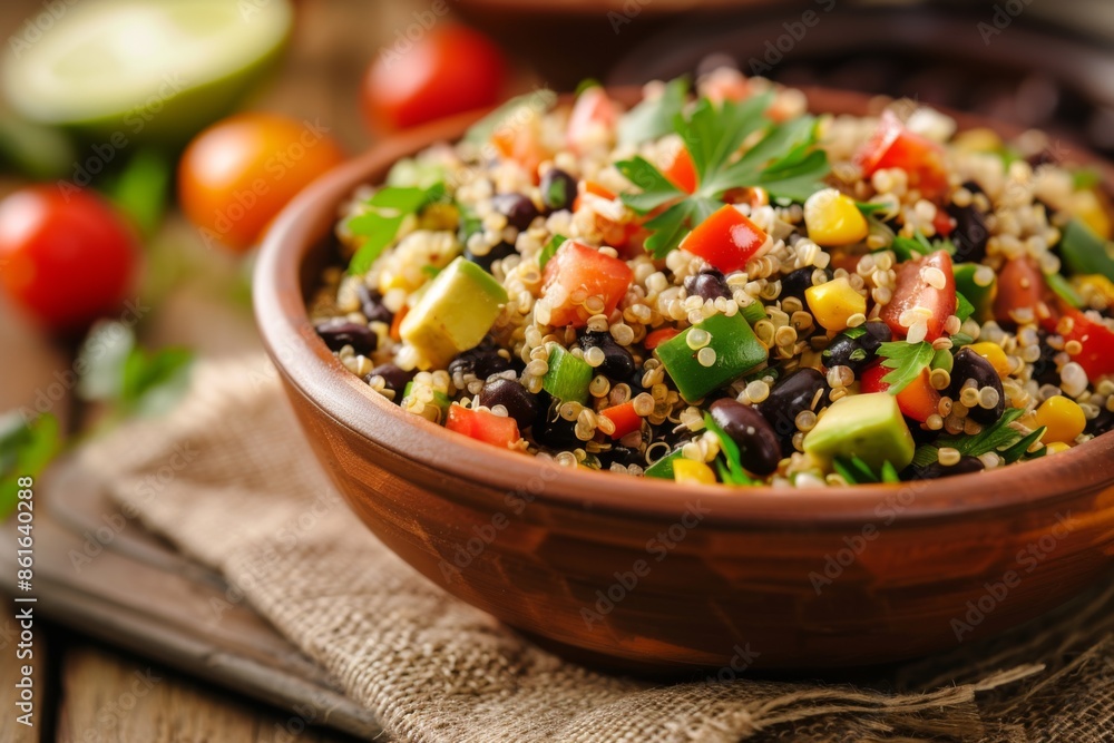Healthy quinoa and black bean salad in bowl on countertop Healthy quinoa and black bean salad in bowl on countertop