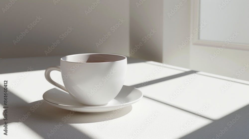 A simple white cup and saucer setting on a table, perfect for everyday use or as a decorative accent A simple white cup and saucer setting on a table, perfect for everyday use or as a decorative accent