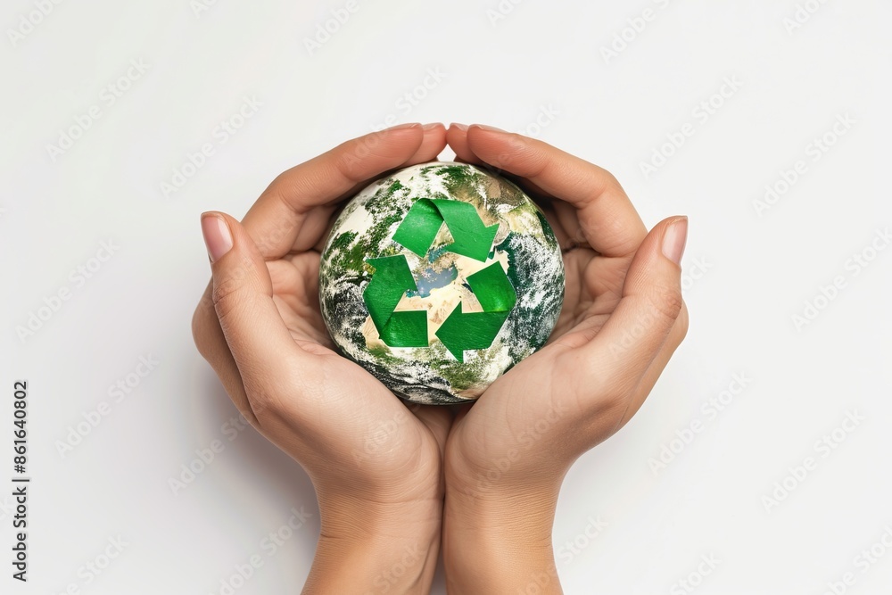 Hands holding a globe with a green recycling symbol. Represents environmental protection and sustainability. Simple and clean design for eco-friendly projects. Generative AI Hands holding a globe with a green recycling symbol. Represents environmental protection and sustainability. Simple and clean design for eco-friendly projects. Generative AI