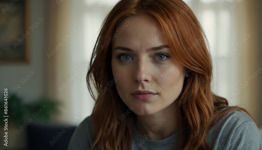 Jessica, a 25 year old woman, caucasian, red hair, grey eyes, wearing t-shirt. Jessica, a 25 year old woman, caucasian, red hair, grey eyes, wearing t-shirt.