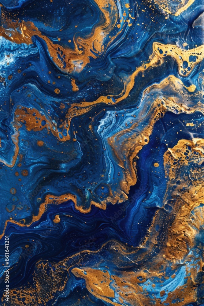 A detailed view of a painting featuring shades of blue and gold A detailed view of a painting featuring shades of blue and gold