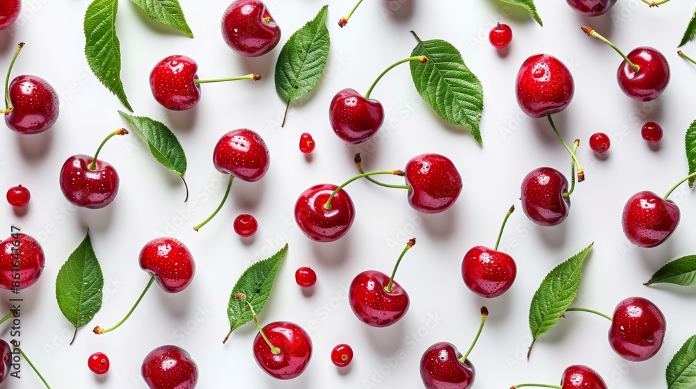 A flat lay of fresh red cherries with green leaves scattered on a white background. A flat lay of fresh red cherries with green leaves scattered on a white background.