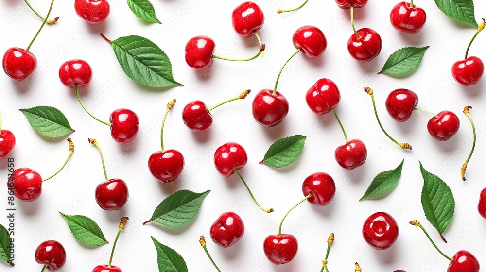 Fresh red cherries and green leaves arranged in a repeating pattern on a white background. Fresh red cherries and green leaves arranged in a repeating pattern on a white background.