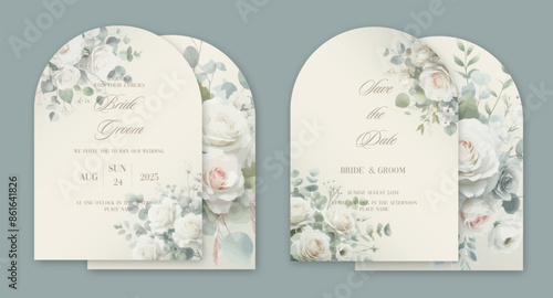 Wedding arch Invitation Card Design with watercolor elegant green botanical roses and leaves.