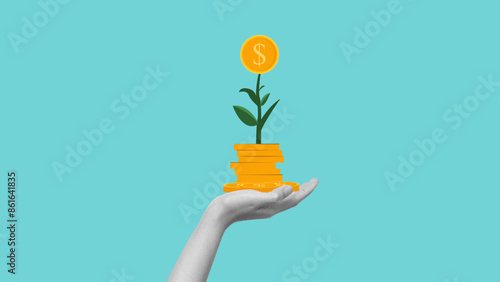 hand hanging coins and tree, business growth concept, long-term investment concept, Start invest in stock market, begin savings to achieve financial goal illustration.