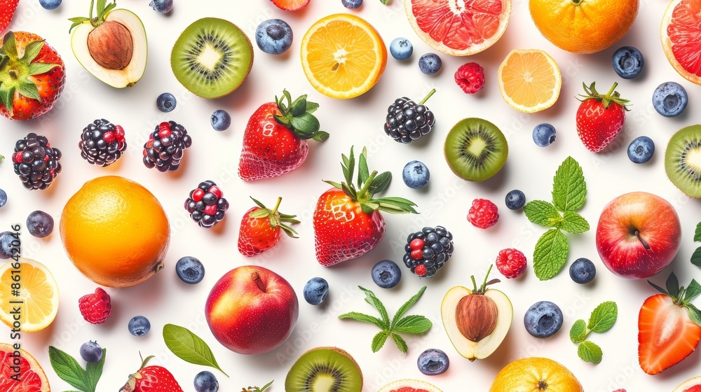 A vibrant mix of fresh fruits and berries arranged in a colorful pattern on a white background. A vibrant mix of fresh fruits and berries arranged in a colorful pattern on a white background.