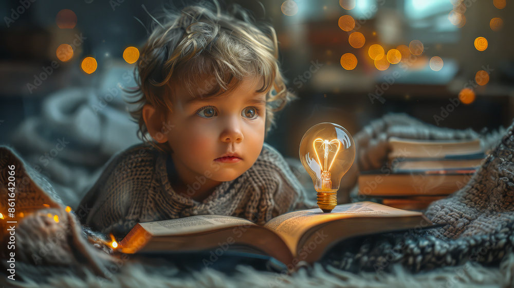 Photorealistic image of a young child deeply engrossed in reading a book, with a glowing light bulb symbolizing an idea or creativity beside them. Photorealistic image of a young child deeply engrossed in reading a book, with a glowing light bulb symbolizing an idea or creativity beside them.