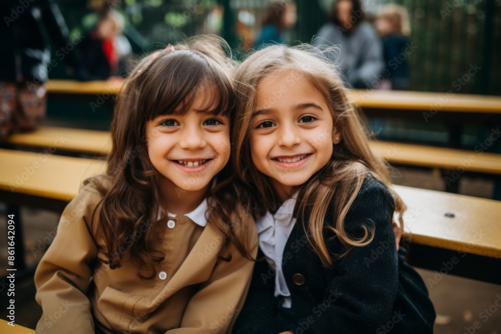 Portrait of two smiling school girls sitting together outdoors Portrait of two smiling school girls sitting together outdoors