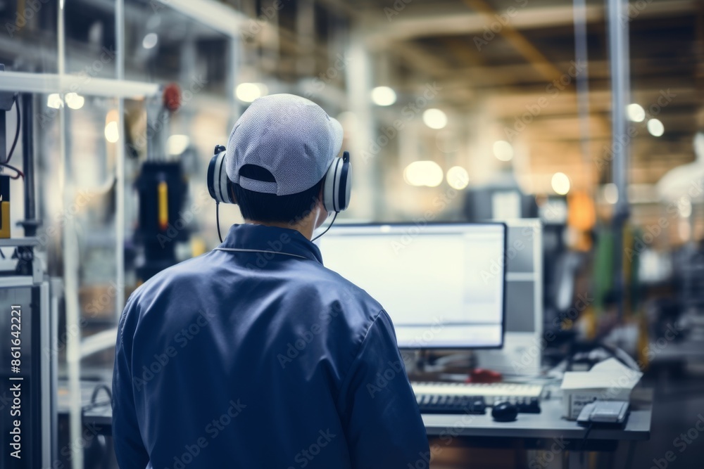 Obraz premium Rear view of a quality assurance technician working in factory