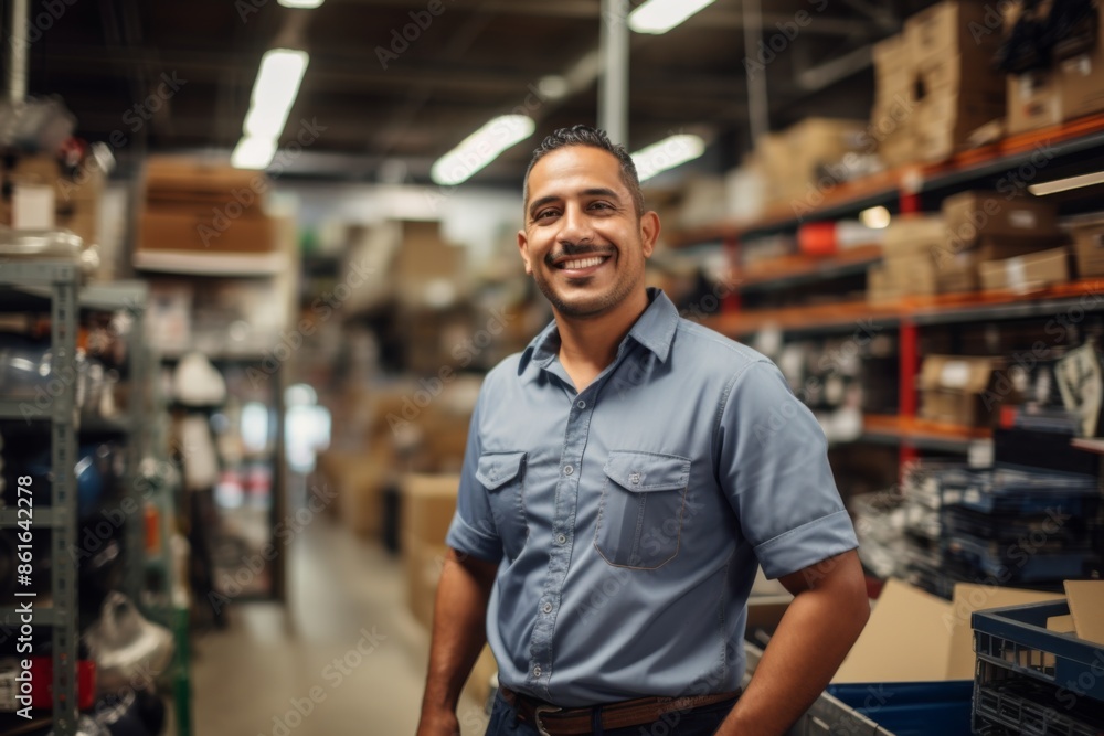 Obraz premium Portrait of a smiling middle aged male worker in tool shop