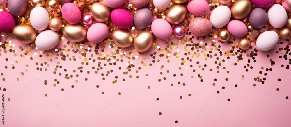 A top-down view of decorated pink and gold eggs surrounded by colorful confetti, set against a pink background with ample copy space image. A top-down view of decorated pink and gold eggs surrounded by colorful confetti, set against a pink background with ample copy space image.