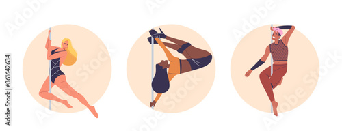 Isolated Vector Round Icons or Avatars With Cartoon Female Dancer Characters Performing Various Pole Dancing Moves