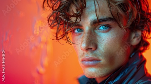 A young man with tousled hair and intense blue eyes looks ahead, in a bright and warm environment, capturing a moment of reflection and determination in modern style. photo