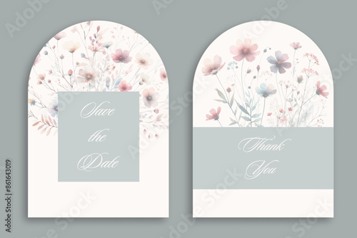 Wedding arch Invitation Card Design with watercolor elegant Wildflowers and herbs.