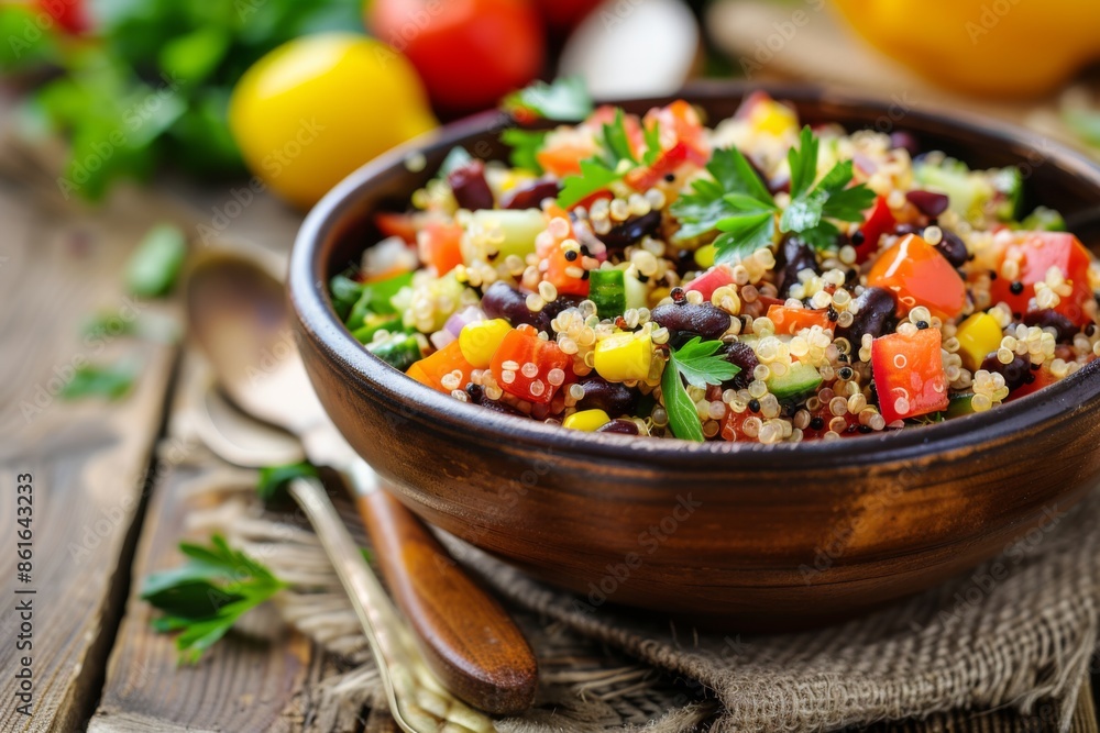 Healthy quinoa and black bean salad in bowl on countertop Healthy quinoa and black bean salad in bowl on countertop