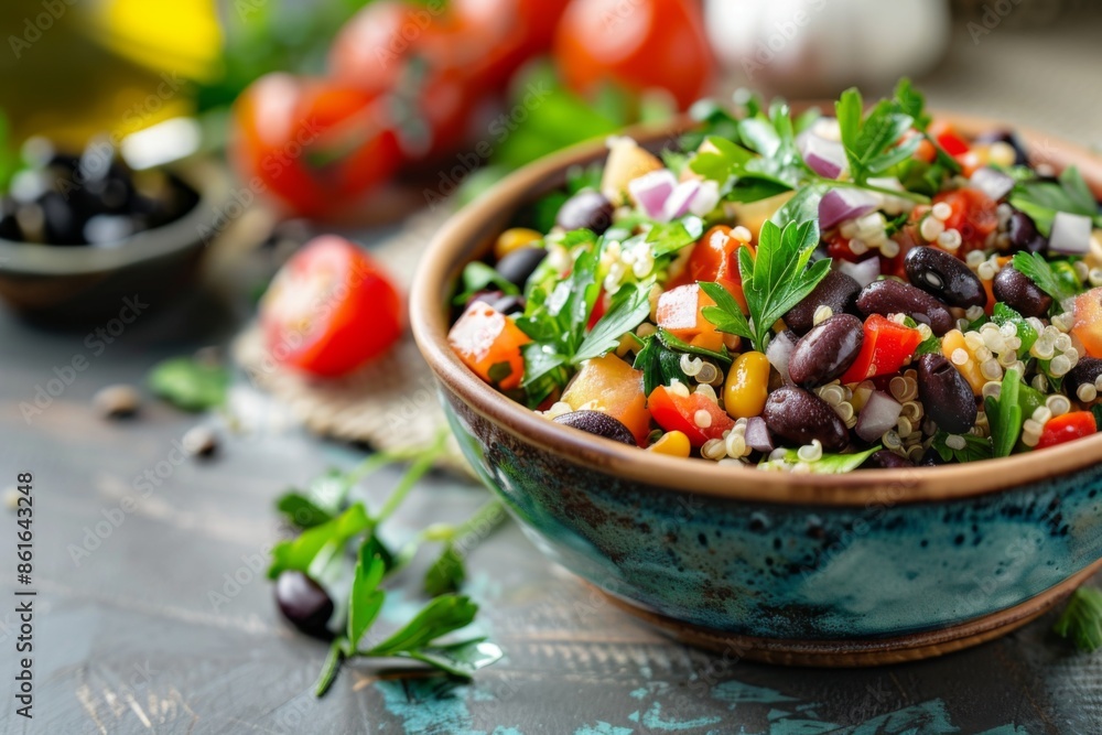 Healthy quinoa and black bean salad in bowl on countertop Healthy quinoa and black bean salad in bowl on countertop