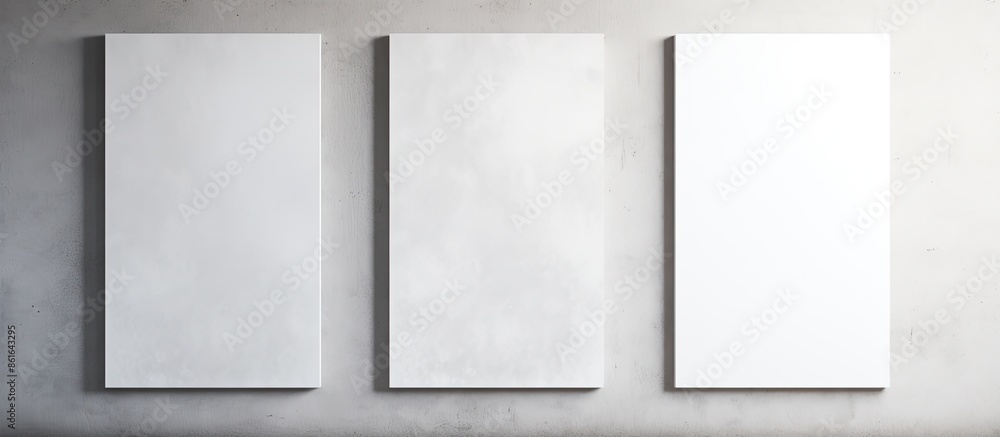 Fototapeta premium Three white rectangular poster mockups with soft shadows displayed on a neutral grey concrete wall with a top-down view for copy space image.