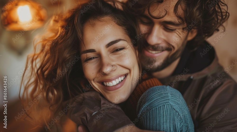 The young couple happily smiled and hugged each other Inside the warm home The young couple happily smiled and hugged each other Inside the warm home