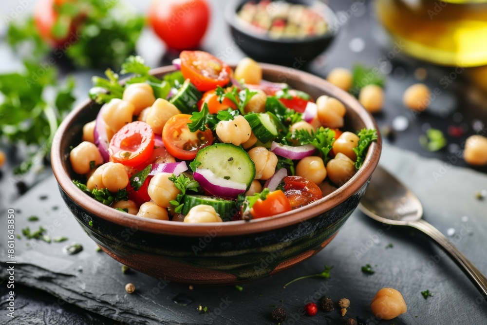 Mediterranean chickpea salad in a bowl on table Mediterranean chickpea salad in a bowl on table