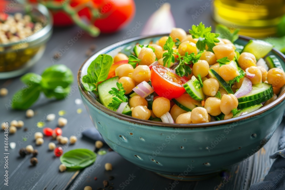 Mediterranean chickpea salad in a bowl on table Mediterranean chickpea salad in a bowl on table