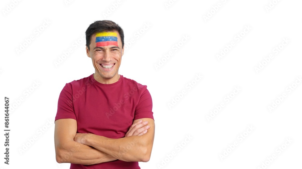 Man standing with venezuelan flag painted on face smiling Man standing with venezuelan flag painted on face smiling