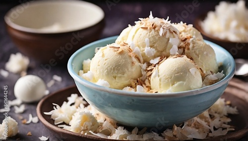 Baked ice cream with coconut flakes in a bowl. Close-up 