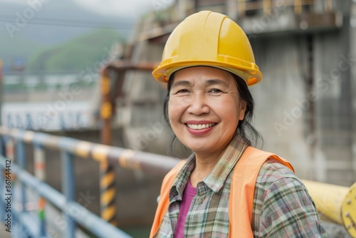 Portrait of a middle aged smiling female engineer at Hydroelectric Dam © CojanAI