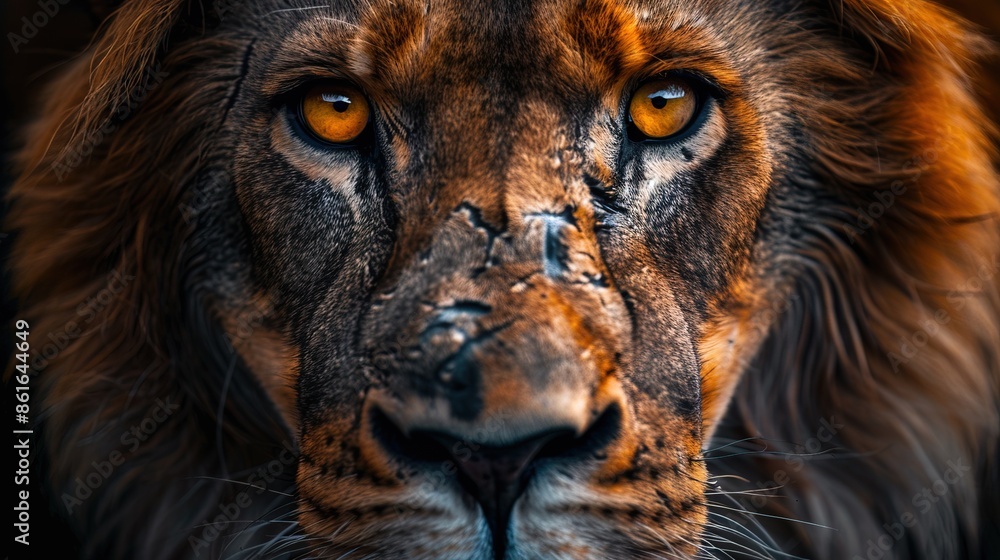 © WrongWay - emotion fear, portrait of a lion with big eyes, emotional look of an animal, dark horror room