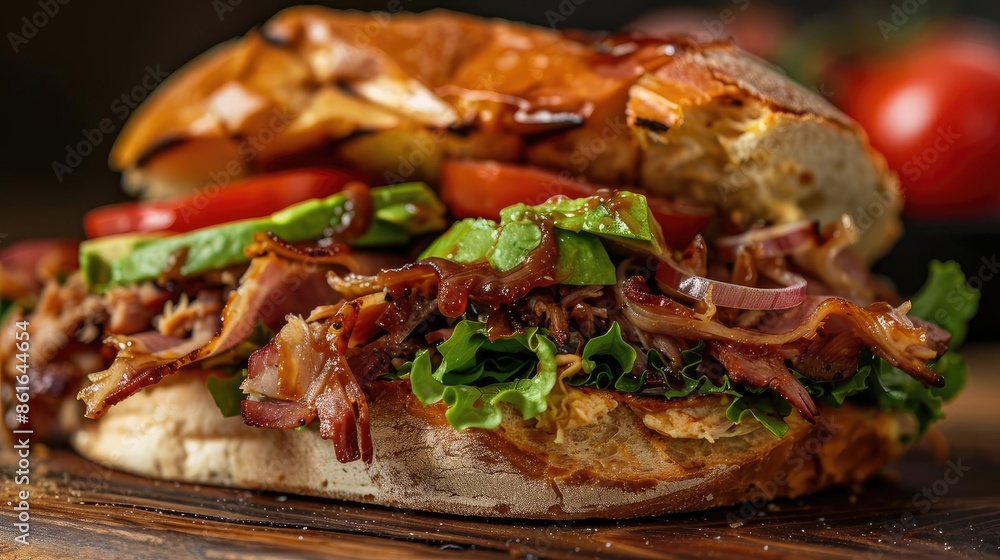 Mouthwatering pulled pork sandwich loaded with fresh vegetables and BBQ sauce on rustic bread, perfect for a hearty lunch or dinner. Mouthwatering pulled pork sandwich loaded with fresh vegetables and BBQ sauce on rustic bread, perfect for a hearty lunch or dinner.